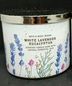 Bath and Body Works White Lavender Eucalyptus Candle 14.5 Ounce 3 Wick White Label with Purple Pink and Orange Flowers