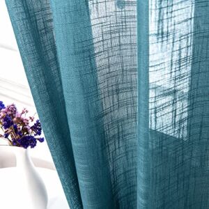 AmHoo 2 Panels Linen Sheer Curtains Premium Heavy Semi Draperies with Grommet Top Drapes Voile Panels Window Treatment for Living Bedroom Room Teal 52 x 84 Inch
