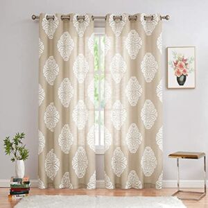 Treatmentex Print Sheer Curtains for Living Room 108-inches Long Medallion Curtain Panels for Bedroom White Floral Drapes for Windows Taupe, 52” x 2 Panels, Grommet Top