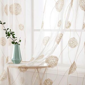 MIULEE Sheer Curtains Embroidered Floral Design Boho Fall Curtain Drapes for Living Room Bedroom Window Grommet Top 54 x 84 Inch Gold, 2 Panels