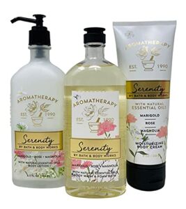 Bath & Body Works Aromatherapy SERENITY Marigold Rose Magnolia trio – Body Lotion – Body wash + Foam Bath – Moisturizing Body Cream
