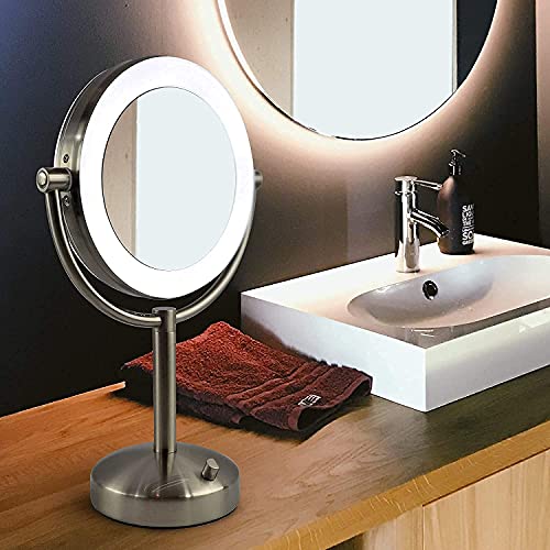 Tabletop LED Light Makeup Mirror, AC Adaptor, 10x/1x Magnification, Chrome Finish by Brookstone | The Storepaperoomates Retail Market - Fast Affordable Shopping