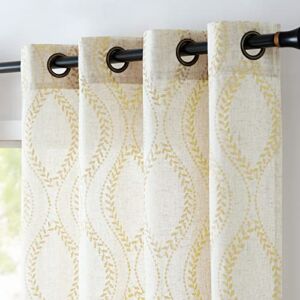 jinchan Linen Curtains Beige Farmhouse Curtains 84 Inches Long Gold Embroidered Leaf Curtains for Living Room Ogee Geometry Drapes Light Filtering Grommet Country Curtain 2 Panels Gold on Flax