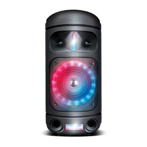 Brookstone Rumble Tower Portable Bluetooth Speaker with LED Light Show and 3 Light Modes, Wireless Speaker, Portable Speaker with Wheels, Handle for Easy Carry, Rechargeable, Mic Input, USB/AUX/FM