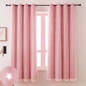 Ftinala Pink Blackout Curtains for Girls Bedroom with Tulle Double Layer Kids Curtains Baby Nursery Curtains & Drapes 63 Inch Length 1 Panel Room Decor Cutout Star Curtains