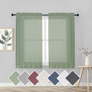 OVZME 2 Panels Window Sage Green Sheer Curtains 42″ x 45″ Inches for Small Windows, Soft Touching Top Dual Rod Pocket Drapes for Living Room & Bedroom