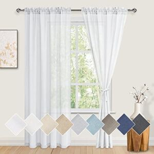 JIUZHEN White Linen Sheer Curtains 84 inch Length 2 Panels Set with Tiebacks, Rod Pocket Privacy Light Filtering Textured Semi Sheer Drapes for Living Room / Bedroom，W 52 x L 84