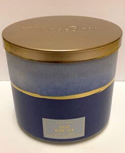 Bath and Body Works White Barn Deep Blue Sea 3 Wick Candle 14.5 Ounce Blue Gold Layered Label