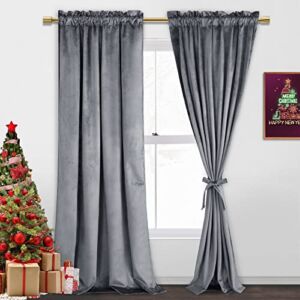 JIUZHEN Grey Velvet Curtains 84 inches for Living Room – Thermal Insualted Room Darkening Rod Pocket Thick Velvet Window Drapes for Bedroom/Dining Room, Set of 2 with Tiebacks, W52 x L84 inches