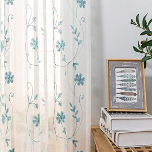 Sheer Curtains Blue 45 Inch Embroidered Floral, Rod Pocket Voile Drapes for Living Room, Bedroom, Window Treatments Semi Crinkle Curtain Panels for Yard, Patio, Villa, Parlor, Set of 2, 52″x 45″.
