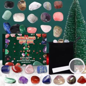Christmas Advent Calendar 2022, 24 Days Countdown Surprise Crystal Stone Blind Box with Storage Bag & Magnifying Glass, Rock Mineral Gemstone Calendar Box for Kid Learning, Pocket Stones for Geology Enthusiast Collection, Including Agate, Turquoise, Obsid