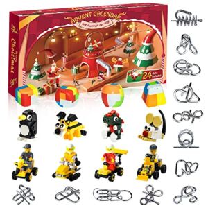 Advent Calendar 2022 for Boys, 4 In 1 Christmas Countdown Calendars Gift Set with 24 Surprises, Metal Wire Puzzles Cars Animals Building Blocks Toys Brain Teaser Big Challenges for Adults Kids Teens