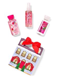 Bath and Body Works SWEET PEA Mini Gift Box Set Travel Size Shower Gel (3 fl oz) – Super Smooth Body Lotion (3 fl oz) and Fine Fragrance Mist (3 fl oz) in a decorative gift box with a handle and bow