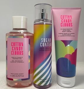 Lot of 3 Bath and Body Works Cotton Candy Clouds Cream and Shower Gel Plus Sugar Coated Mist Spray Lot Full Size