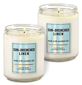 Bath & Body Works White Barn Sun Drenched Linen Single Wick Scented Candle with Essential Oils 7 oz / 198 g each Pack of 2