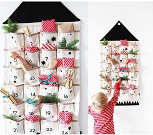 Christmas Advent Calendar with Pockets Wall Hanging Bag for Home Xmas Countdown Decoration (Black)