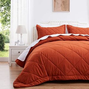 SunStyle Home Queen Quilt Set Lightweight Burnt Orange Comforter Set Diamond Pattern All Season 3 Pieces ( 1 Quilt, 2 Pillow Shams)