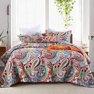 Qucover Multicolor Paisley Blossom King Size Bedspreads, 3 Pieces 100% Cotton Summer Quilt Sets, Gorgeous Bedspread and Comforter with 2 Pillowcases for All Seasons, 98×106 Inches