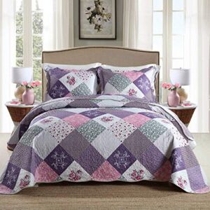 HoneiLife Quilt Set King Size – 3 Piece Microfiber Quilts Reversible Bedspreads Patchwork Coverlets Floral Bedding Set All Season Quilts-Little Rose,Purple