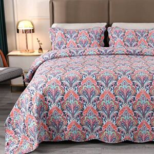 Qucover Polyester Queen Quilts Set Lightweight Reversible Purple and Red Floral Pattern Quilted Bedspread Comforter Bedding Sets with 2 Pillow Sham, Queen 90×98 Inch