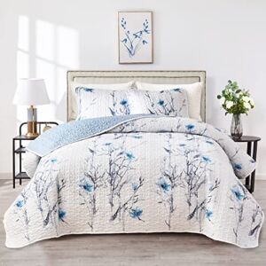 Botanical Quilt Set 3 Pieces King Size, Blue Flower Branch on White Reversible Bedspread Coverlet Set, Soft Microfiber Lightweight Bed Cover for All Season (102″ x 90″, 1 Quilt+ 2 Pillow Shams)