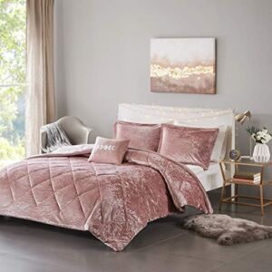 Intelligent Design Felicia Luxe Comforter Velvet Lush Double Sided Diamond Quilting, Modern All Season Bedding Set with Matching Sham, Decorative Pillow, Full/Queen(90″x90″), Blush 4 Piece