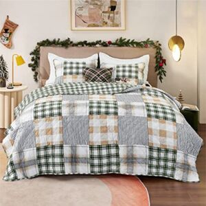 Bedsure Christmas Quilts Queen Size – Christmas Bedding Set, Green Plaid Patchwork Bedspread Holiday Quilt Reversible Xmas Home Decor Quilt 90×96