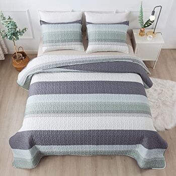 Andency Stripe Quilt Set King(106x96Inch), 3 Pieces (1 Striped Quilt and 2 Pillowcases) Mint Green Patchwork Bedspread Coverlet, Soft Lightweight Microfiber Quilted Bedding Set | The Storepaperoomates Retail Market - Fast Affordable Shopping