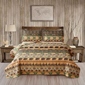 Rustic Lodge Quilt Set Full/Queen Size Country Cabin Bedding Set Lightweight Reversible Quilts Moose Bear Bedspread Coverlet Set Moon Pine Printed Farmhouse Decor Bed Cover Sets with 2 Pillow Shams