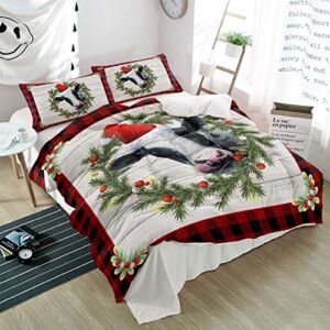 3 Pieces Twin Bedding Comforter Sets,Christmas Cow Wreath Ultra Soft Bed Set with 2 Decorative Pillow Shams for Bedroom Wood Grain Buffalo Checker,Luxury Microfiber Quilt Covers for All Season