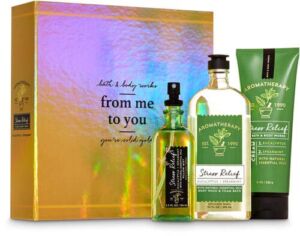 Bath and Body Works Aromatherapy Stress Relief EUCALYPTUS SPEARMINT FROM ME TO YOU Gift Box – 3 pc GIFT SET arranged in an iridescent gold gift with a ribbon.