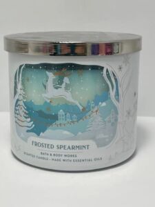 Bath and Body Works White Barn Frosted Spearmint 3 Wick Candle 14.5 Ounce Winter 2020 Reindeer Label