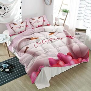 3 Pieces Twin Bedding Comforter Sets,Happy Valentine’s Day Swan Couple Love Ultra Soft Bed Set with 2 Decorative Pillow Shams for Bedroom Romance Hearts on Pink,Microfiber Quilt Covers for All Season