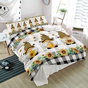 3 Pieces Twin Bedding Comforter Sets,Farmhouse Dwarf Honeybee Sunflower Soft Bed Set with 2 Decorative Pillow Shams for Bedroom White and Black Buffalo Plaid,Microfiber Quilt Covers for All Season