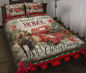 Beautiful Come Home for Christmas Red Truck & Horse Quilt Set, Christmas King Queen Twin Throw Quilt, Holiday Comforter Set, Soft Lightweight Finely Stitched All Season Xmas Comforter