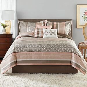 IUHJNWE Comforter 7-Piece Set, Soft Polyester Jacquard Comforter and Matching Shams, Shams, 3 Decorative Pillows and Bed Skirt, Blush, King Size