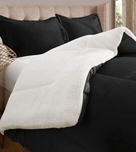 Elegant Comfort Super Soft Sherpa Comforter 3-Piece Set Premium Quality, Heavy Weight Reversible Down Alternative Micro-Suede, Sherpa Comforter, Queen, Black Satin