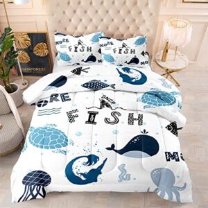 3D Whale Comforter Marine Life Bedding Set Blue Sea Galaxy Ocean Theme Nautical Polyester Quilt with 2 Pillowcase (Twin,C)