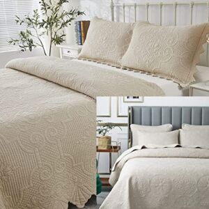 Brandream Beige Quilts Set King Size Cotton Quilted Bedspreads Scalloped Quilts Matelasse Coverlet Set Farmhouse 6-Piece