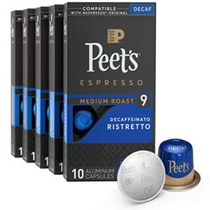 Peet’s Coffee, Medium Roast Decaf Espresso Pods Compatible with Nespresso Original Machine, Decaf Ristretto Intensity 9, 50 Count (5 Boxes of 10 Espresso Capsules), Coffee Gifts