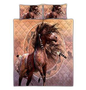 Native American Horse Quilt Bed Set Soft Microfiber Lightweight with Pillow Cover – Quilt – 3 Pieces, Size Lap – Throw – Twin – Queen – King HH1129