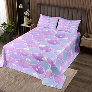 3 Piece Mermaid Fish Scales Quilt Bedding Set Women Aldult Lightweight Bedding White Pearl Bedspread Set Purple Blue Fish Scales Bedspread Coverlet Soft Home Quilt Set for King Bed All Season