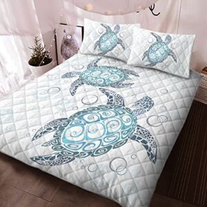 BEDMUST Sea Turtle Quilt Set King Size Blue Tortoise with Bubble Soft Lightweight Bedding Set Coverlet Coastal Beach Themed White Bedding Cover Bedspread for All Season