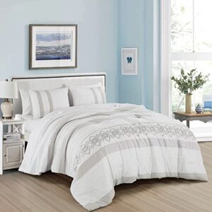 Chezmoi Collection Liliana Queen Bed in a Bag 7-Pieces White Gray Geometric Chenille Embroidery Pleated Stripe Comforter Set with Sheets All Season Bedding Set, Queen