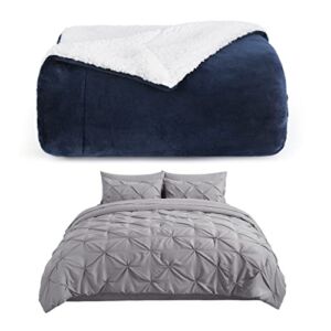Bedsure Sherpa Fleece Throw Blanket for Couch Navy & Comforter Set- 8 Pieces Pintuck Grey Bed Set Queen