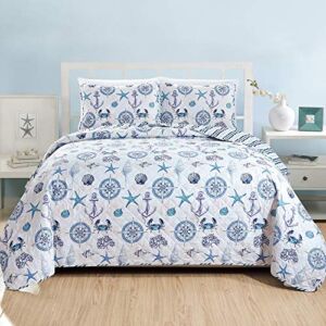 Great Bay Home 3 Piece Nautical Reversible Quilt Set with Shams. Seashell Beach Theme Coastal Bedspread Coverlet. Azure Collection (Full/Queen, Azure)