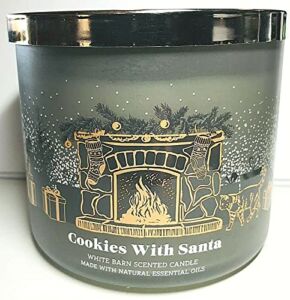 White Barn Cookies with Santa 3 Wick Candle 14.5 Ounce Gray / Gold Fireplace Label