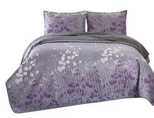 Masterplay 3-Piece Fine Printed Oversize (118″ X 95″) Quilt Set, Bedspread Coverlet (Caifornia) Cal King Size Bed Cover (Dark Grey, Purple Gradient, Vine)