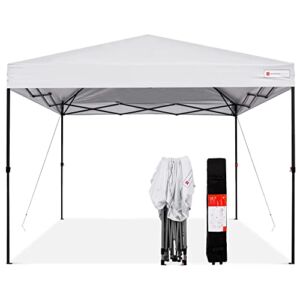 Best Choice Products 10x10ft 1-Person Setup Pop Up Canopy Tent Instant Portable Shelter w/ 1-Button Push, Straight Legs, Wheeled Carry Case, Stakes – White