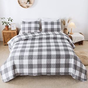 Andency Gray Plaid Quilt King(104x90Inch), 3 Pieces (1 Buffalo Plaid Quilt and 2 Pillowcases) Grey Buffalo Check Bedspread Set, Soft Microfiber Gray Gingham Geometric Bedding Quilted Coverlet
